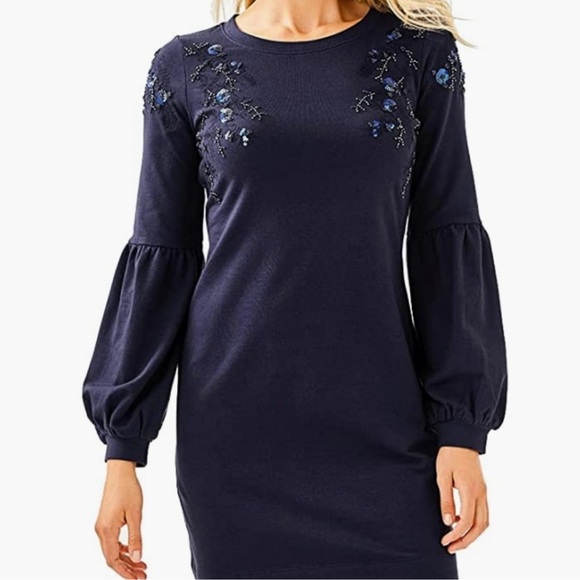 Lily Pulitzer Bartlett Sequin Embroidered Dress Long Sleeve Navy Blue Size XS